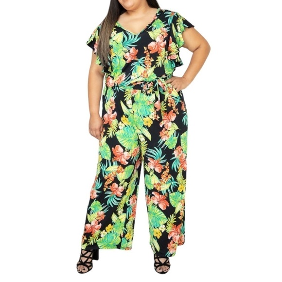 SIGNATURE COLLECTION TROPICAL JUMPSUIT SHORT SLEEVES WIDE LEG BELT PLUS SIZE 3XL - Picture 1 of 17